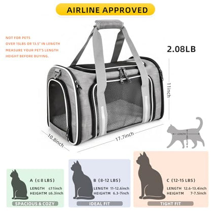 Cat Dog Carrier Soft for Small Medium Pet Up to 15 Lbs, Collapsible Portable Cat Travel Carrier, Airline Approved Small Dog Cat Carrier, Soft Sided Pet Carrier for Puppy Kitten (18x11x11) (Grey) - color: Grey
