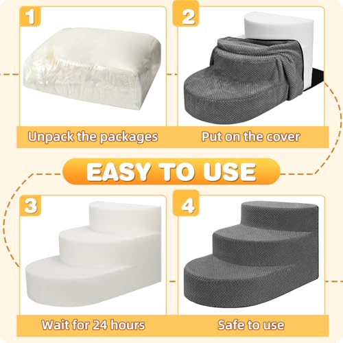 Dog Stairs 3 Steps Foam Pet Ramp for Small Dogs Cats, Grey | Non-slip foam stairs with washable cover, ideal for beds & sofas. Sturdy, safe & easy to clean. - color: Gray-3-Step