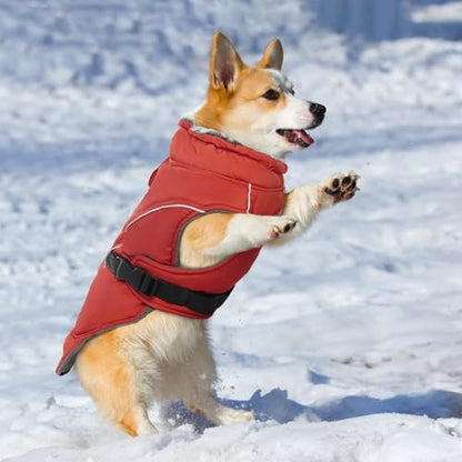 DENTRUN Warm Dog Winter Coat, Easy On Reflective Turtleneck Fleece Jacket | Adjustable buckle, easy on off, windproof & water-repellent, thick fleece snowsuit, outfit fits small to large breeds - color: Red, size: Large