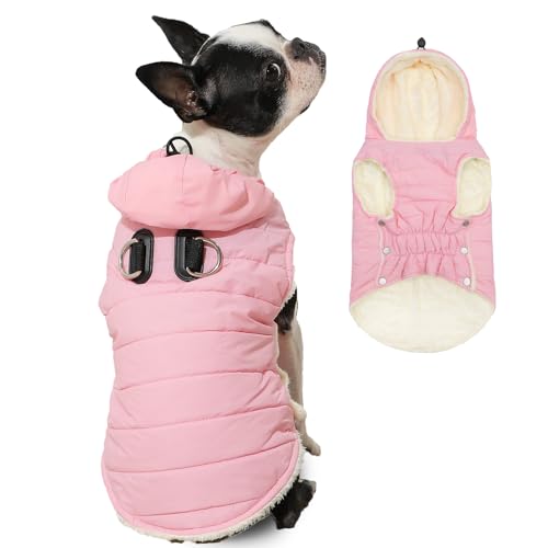 Vecomfy Fleece Lining Dog Hoodie with Harness Built in,Extra Warm Small Dog Jacket in Winter Puppy Coats with Drawstring Hooded,Light Pink XS - color: Light Pink(Harness Built in), size: X-Small (Pack of 1)