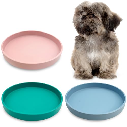 Silicone Dog Bowl Shallow Cat Food Bowls 7" Wide Puppy Plates Whisker Fatigue Pet Feeding Dishes Set of 3 for Dry and Wet Food Indoor (Blue + Pink + Green) - color: Blue + Pink + Green, size: L: 7 inches - without Suction Cup
