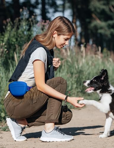 heouvo Dog Treat Pouch with Training Clicker, Upgrade Stronger Magnetic Closure to Avoid Spilling, 1.67 Cup Silicone Treat Bag Fanny Pack with Waist Belt for Pet Training Walking (Blue) - color: Blue