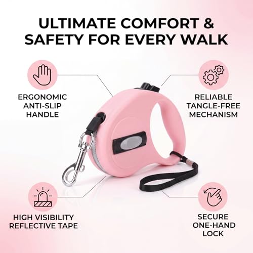 Naroote Retractable Dog Leash, Cat Leash Heavy Duty Pet Leash with Nylon Reflective Tape 2 Meter Dog Walking Leash Dog Leash for Small Dogs for Small Medium Large Dogs (Roseate)