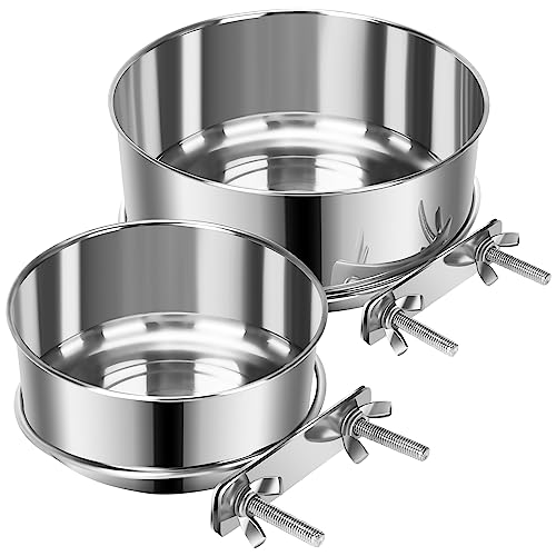 2 Pcs Small Pet Dog Food Water Bowl for Cage Stainless Steel Non-Spill Kennel Hanging Cats Pets Bowls with Clamp Holder Crate Feeder Dish for Small Dogs Pets (4.7x1.9'' & 3.9x1.7'') - color: Silver, size: XS (19 & 12 OZ)