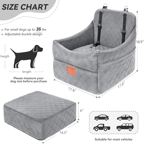 GL GLENSLAVE Dog Car Seat for Small/Medium Dogs, Dog Booster Car Seats with Thick Cushion for Dogs Under 35lbs, Detachable Washable Pet Carseat with Storage Pockets, 2 Safety Belts - color: Gray