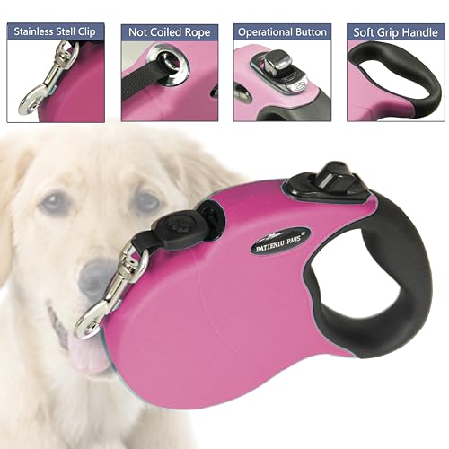 16FT Retractable Dog Leash for Medium Dogs up to 44lbs with Chew Proof Steel Wire Extender, Lightweight, Durable & Safe One-Hand Operation Pink M - color: Pink, size: Medium