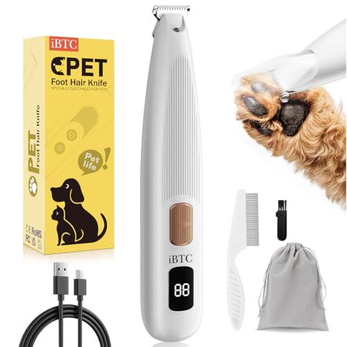 iBTC 2 Speed Dog Paw Trimmer with LED Display, 35dB Low Noise Electric Dog Clippers for Grooming, Cordless 20mm-Blade for Trimming Dog's Hair Around Paws, Eyes, Ears, Face, Rump with LED Light White