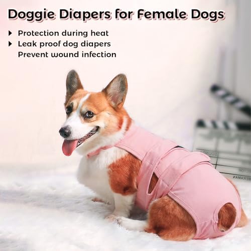 QBLEEV Dog Diapers with Suspenders, Female Escape-Proof Full Body Dog Period Diapers Overalls, Reusable Washable Sanitary Panties for Heat Cycle & Incontinence, Doggie Underwear Onesie with Tail Hole - color: Pink, size: M（Back Length:13.4"）