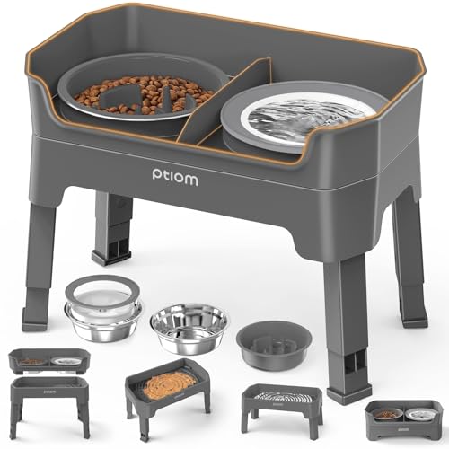 4-in-1 Elevated Slow Feeder Dog Bowls, 4 Height Adjustable Mess Proof Raised Dog Bowl Stand with No Spill Dog Water Bowl, Stainless Steel Dog Food Bowl & Slow Feeder for Large Medium Small Dogs Pets - color: Grey, size: Water Bowl + Stainless Steel Bowl +