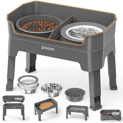 4-in-1 Elevated Slow Feeder Dog Bowls, 4 Height Adjustable Mess Proof Raised Dog Bowl Stand with No Spill Dog Water Bowl, Stainless Steel Dog Food Bowl & Slow Feeder for Large Medium Small Dogs Pets - color: Grey, size: Water Bowl + Stainless Steel Bowl +
