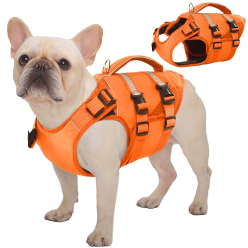 Kuoser Dog Life Jacket, High Flotation Dog Life Vest for Swimming Boating, Adjustable Ripstop Pet Lifesaver for Small Medium and Large Dogs, Reflective Safety Puppy Swimming Vest with Rescue Handle - color: A-Orange, size: S (Chest Girth:16.93-21.26'')