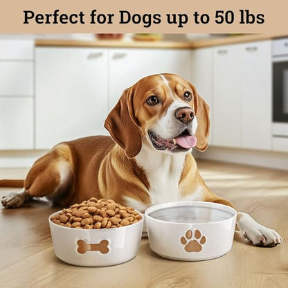 Ceramic Dog Bowl Set of 2 with Anti-Skid Base - 6.5" Wide x 2.5" Tall Ceramic Dog Bowls Medium Sized Dogs - 3.8 Cup Capacity Food and Water Bowls for Dogs - Rubber Bottom Pet Bowl Set of 2 Medium Size - color: Brown, size: Medium 6.5"