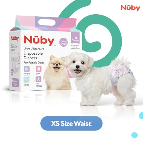 Nuby Pets Disposable Female Dog Diapers with Wetness Indicator, Leak-Resistant & Absorbent for Dogs in Heat, Training & Incontinence, X-Small (9-16” Waist), 50 Count - size: XS (Waist 9-16 in)