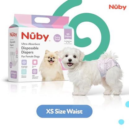 Nuby Pets Disposable Female Dog Diapers with Wetness Indicator, Leak-Resistant & Absorbent for Dogs in Heat, Training & Incontinence, X-Small (9-16” Waist), 50 Count - size: XS (Waist 9-16 in)