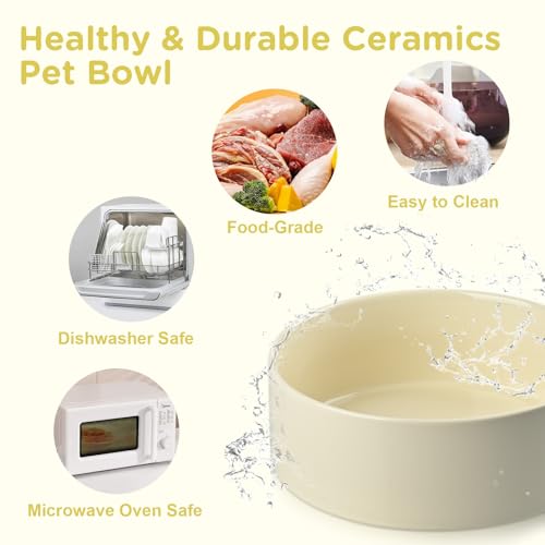 SPUNKYJUNKY Elevated Dog Bowls Ceramic, 6.1'' Dogs and Cat Food Water Bowls Raised with Non-Slip Bamboo Stand for Medium Sized Breed Microwave Dishwasher Safe - 28.7 OZ,Beige - color: Beige, size: 6.1 in - 3.6 cups