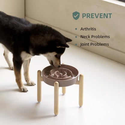 Havniva 8.2” Raised Slow Feeder Dog Bowls, 1.6 Cups Ceramic Dog Bowl Slow Feeding for Medium Breed, Elevated Puzzle Dog Food Bowl with Wooden Stand Non-Slip Anti-Gulping & Anti-Choking - color: 1 x Brown Coffee+Stand-A, size: 8.2inch