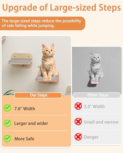 Meidok Cat Wall Furniture,Cat Wall Shelves,Dog Proof Cat Feeding Station with 3 Wide Wall Steps and 2pices 304 Stainless Steel Bowl Cat Feeding Shelf for Cats up to 25 Lbs - Wood Color