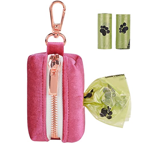 ARING PET Dog Poop Bag Holder, Velvet Doggy Waste Bag Dispenser Attach to Any Leashes, Portable Washable Pet Waste Pouch Dispenser with Metal Zipper - color: A:Rose red
