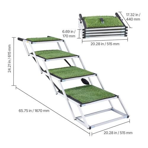 VEVOR Dog Stairs for Car, 4 Steps Extra Wide Foldable Dog Ramp for Large Dogs with Non-Slip Surface, Portable Lightweight Pet Stairs Ladder for Car, SUV, Truck, High Bed, Sofa, Support up to 200 lbs - size: 4 Steps(Grass-like)
