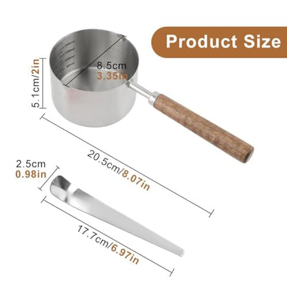 Dog Cat Food Scoop 1 Cup, 304 Stainless Steel Dog Food Measuring Cup with 410 Medium Scoop, Multi Purpose Tool with Walnut Wooden Handle for Pet Food, Rice, Flour, Precision Scale Measurements