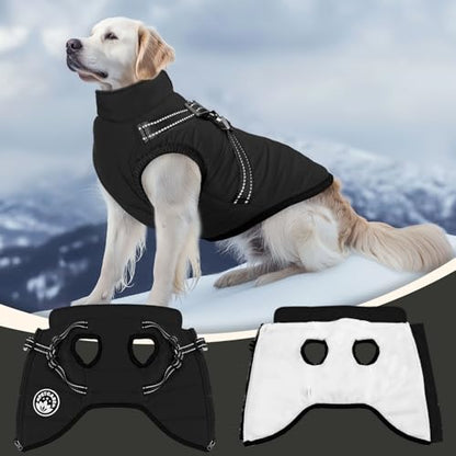 PETCARE Winter Dog Coat with Harness Built in Waterproof Dog Jackets Warm Pet Fleece Vest Windproof Snow Jacket Snowsuit Reflective Dogs Cold Weather Coats for Puppy Small Medium Large Dogs Cats - color: Black, size: 5XL(Chest 31.5" Suggest 45-70 lbs)