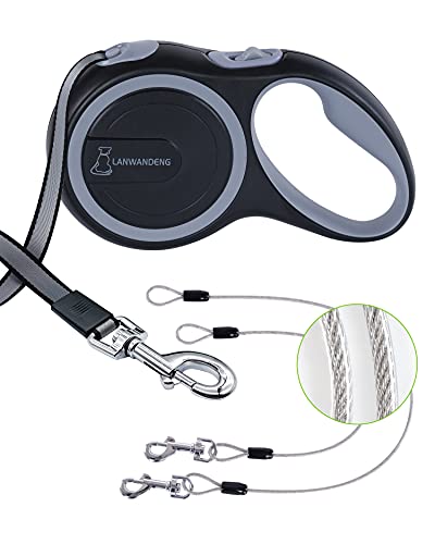 26FT Chew Proof Retractable Dog Leash with 2 Heavy Duty Anti-Chewing Wire Ropes, 360° Tangle-Free Dog Lead with Anti-Slip Handle for Medium/Large Dogs up to 110 lbs Gray - color: Gray