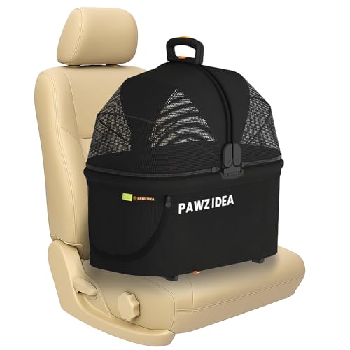 PAWZIDEA Portable Small Dog Crate for Car Travel up 33lbs, Enclosed Dog Car Seat Soft-Sided, Escape-Proof Reversible No-Zip Canopy, Foldable Pet Carrier Seatbelt for Small Medium Puppies & Cats Kennel - color: Black Warrior, Small/Medium