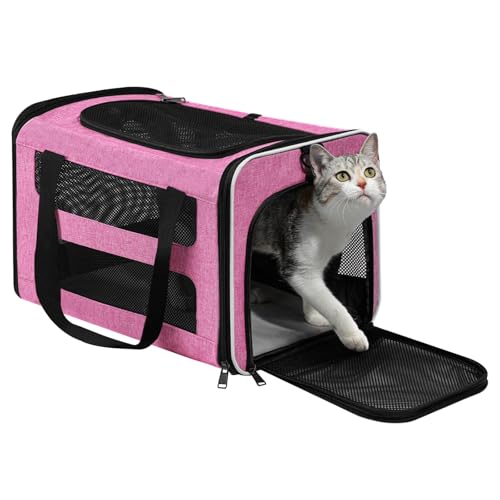 Cat Carrier Soft-Sided Travel Bag for Medium to Large Cats Over 15lbs, Small Dog Carrier Crate Top Entry Breathable Mesh Puppy 12 Pounds, Pet Rabbit Carrying Cage Kennel Collapsible Pink - color: Pink