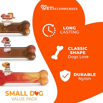 Nylabone Original Bone Power Chew Toy for Dogs, Durable Dog Toys for Aggressive Chewers, Flavor Frenzy Pancakes & Sausage, Roast Beef, & Lasagna, X-Small - Up to 15 lbs, 3 Pack - size: X-Small