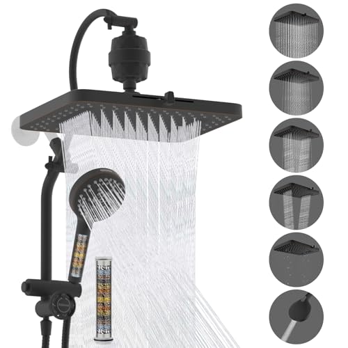 Hibbent 5-spray Dual Filtered Rainfall Shower Head Combo, High Pressure 13'' Showerhead with 10 Spray Handheld, Easy Reach 4-way Diverter Arm with Pause Mode, 71'' Hose & Holder, Oil-Rubbed Bronze - color: Oil Rubbed Bronze, style: Square 13" with filter
