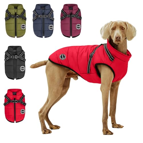 Warm Dog Winter Coat, Fashion Pet Cold Weather Jacket with Built-in Harness, Reflective & Adjustable Comfortable Pet Vest, Windproof Apparel for Small Medium Large Dogs (Red) - color: Red, size: Large