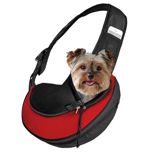 Expandable Pet Carrier Sling Bag - Small Dog, Puppy and Cat Carrier Front Shoulder Backpack w/Harness Strap - Carrying Pouch for ESA, Animal Travel - PU Leather Bottom, Mesh Pocket by Katziela (Red) - color: Red