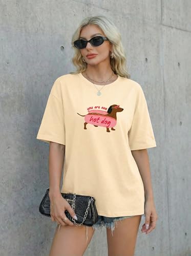 Aiyino Womens Funny Dog Graphic Tee Oversized Dog Lover Shirt | 100 Percent Cotton Soft Breathable Lightweight Everyday Comfort - color: Hot Dog Apricot, size: XX-Large