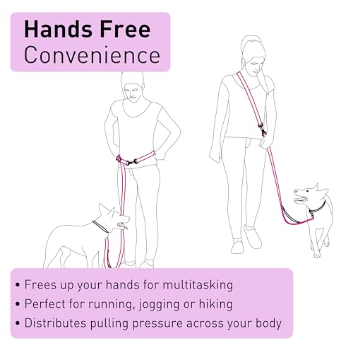 Cross Body Dog Leash - Waist or Shoulder Leash for Walking and Hiking with Medium and Large Dogs, Adjustable 4 to 6 FT Outdoor Bungee Lead with Traffic Handle by Nuvuq (18-120 lbs, Pink) - color: Raspberry Pink