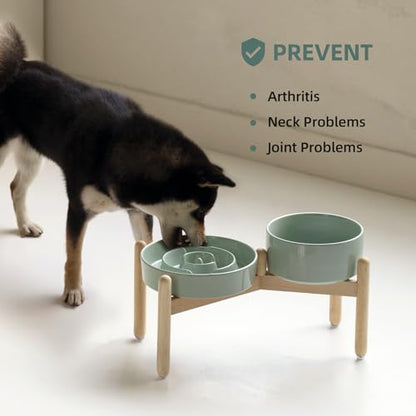 Havniva 8.2” Raised Slow Feeder Dog Bowls Set, 1.6 Cups Ceramic Slow Feeder Dog Bowl and 7.3” Dog Water Bowl with Elevated Wooden Stand Puzzle Dog Food Bowl for Medium Dogs Anti-Gulping & Anti-Choking - color: 2 x Light Green+Stand-A, size: 8.2inch