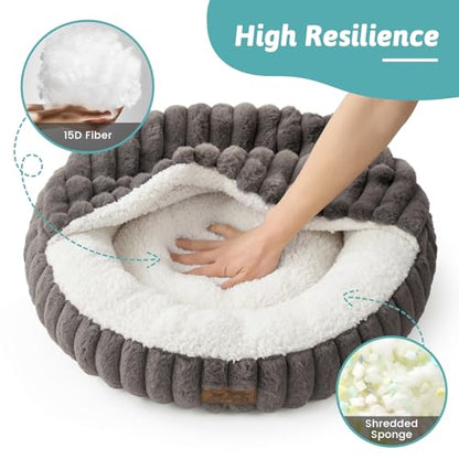 COZY KISS Hooded Blanket Cat Bed – 20"x20" Round Fluffy Donut Cuddler for Cats & Toy Dogs, Anti-Anxiety Faux Fur Pet Bed, Machine Washable with Non-Slip Bottom, Grey - color: Grey, size: 20"×20"×6"