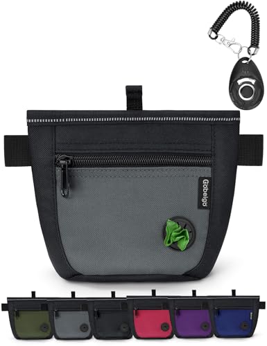 Gobeigo Dog Treat Pouch and Training Clicker, Upgrade Two Magnetic Closure to Prevent Spills, 2 Cup Treat Bag with Poop Bag Dispenser, Metal Clip Waist Belt Fanny Pack for Pet Walk (Black/Gray) - color: C-Black/Gray
