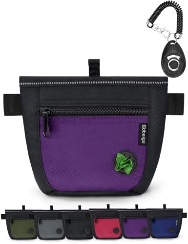 Gobeigo Dog Treat Pouch and Training Clicker, Upgrade Two Magnetic Closure to Prevent Spills, 2 Cup Treat Bag with Poop Bag Dispenser, Metal Clip Waist Belt Fanny Pack for Pet Walk (Black/Purple) - color: E-Black/Purple