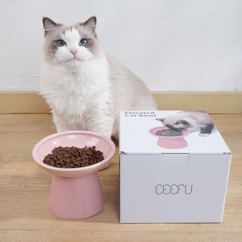 CEEFU Extra Wide Elevated Ceramic Cat Bowl, 6.2" Shallow Dish for Whisker Fatigue Relief, 5" Height for Easy Feeding, Durable Raised 2 Cat Food Bowls, Pink - color: Pink-2 Food Bowl