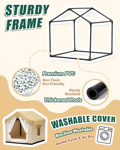 Indoor Dog House, Breeze Pet Tent with Sturdy Frame & Window, Dog Cave Bed with Washable Cover for Medium-Large Dogs (36-66 lb), 29", Cream - size: XL (29"×29"×29")
