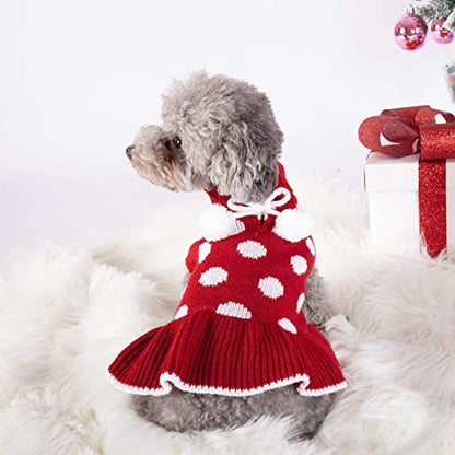 KYEESE Dog Sweater Dress with Leash Hole Small Turtleneck for Girl Dog Sweater Dress Polka Dot Knit Warm Puppy Sweaters with Pom Pom Ball - color: 04# Polkadot (Red), size: X-Small (2-3lbs)