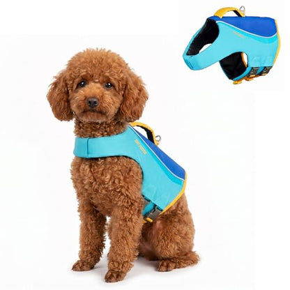 Tuff Pupper Dog Life Jacket | High Buoyancy Dog Swim Vest with Rescue Handle | Adjustable Secure Fit | Reflective Safety Trim | Pet Flotation Jacket for Swimming Boating Kayaking (Blue/Yellow, XS) - size: X-Small