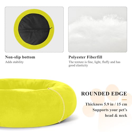 Sunny Yellow Solid Color Calming Dog Bed for Cats & Small Medium Dogs, Washable Plush Round Donut Pet Bed with Soft Raised Rim, 13 inches Warm Anti-Slip Cushio - size: 13 inch