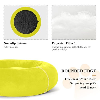 Sunny Yellow Solid Color Calming Dog Bed for Cats & Small Medium Dogs, Washable Plush Round Donut Pet Bed with Soft Raised Rim, 13 inches Warm Anti-Slip Cushio - size: 13 inch