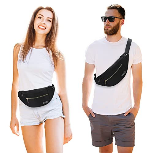 MAXTOP Large Crossbody Fanny Pack with 4-Zipper Pockets,Gifts for Enjoy Sports Festival Workout Traveling Running Casual Hands-Free Wallets Waist Pack Phone Bag Carrying All Phones - color: Black(upgrade Fabric Gold Metal Zipper), style: Large Fanny Pack(