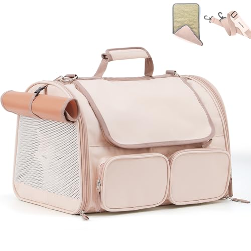 FUKUMARU Cat Carrier, 4 Mesh Windows Small Dog Carrier, 4 Storage Pockets Cat Travel Bag, Under 15 lb Airline Approved Pet Carrier, Rollable Cover for Nervous Cats, Pink - color: Pink