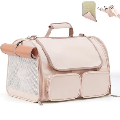 FUKUMARU Cat Carrier, 4 Mesh Windows Small Dog Carrier, 4 Storage Pockets Cat Travel Bag, Under 15 lb Airline Approved Pet Carrier, Rollable Cover for Nervous Cats, Pink - color: Pink