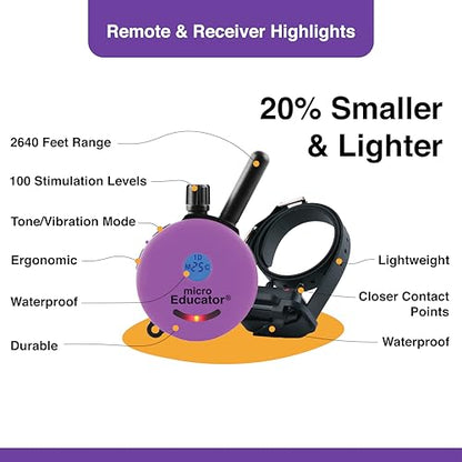 Educator ME-300 Micro E Collar for Dog Training with Remote - 1/3 Mile Range, Waterproof, 100 Blunt Stimulation Levels, Tone or Vibration Mode, Night Tracking Light for Small, Medium & Large Dogs - size: 1 Dog - ME-300