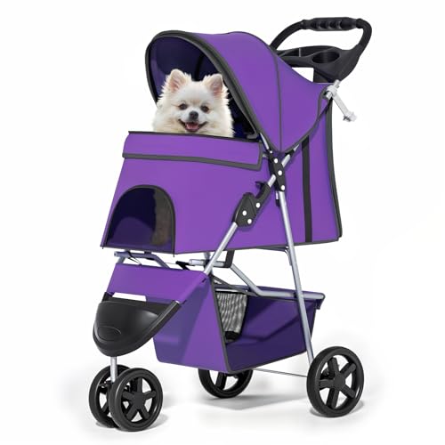 MoNiBloom 3 Wheels Pet Dog Cat Stroller for Small Medium Dogs Cats, Lightweight Foldable Jogger Stroller w/Storage Basket and Cup Holder, Purple - color: Purple