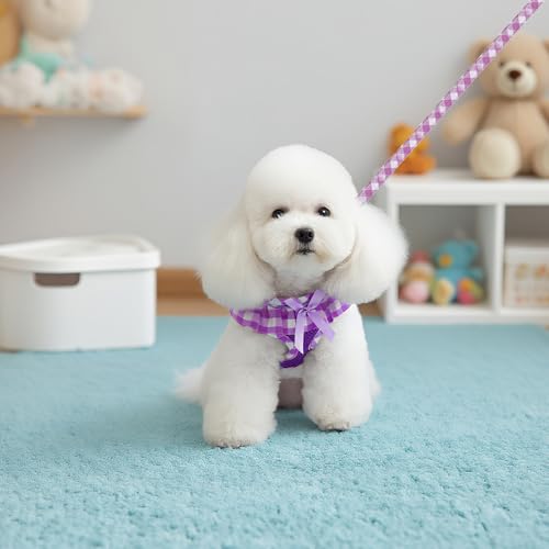 EXPAWLORER 귀여운 강아지 하네스 칼라 목줄 세트 - 퍼플 여아용 강아지 하네스 체크 무늬 스텝인 디자인, 탈착식 리본 반려동물 칼라, 조절 가능한 목 졸림 없는 경량 메시 조끼 고양이 강아지 소형견용, XS - color: 퍼플 (칼라 포함), size: XS